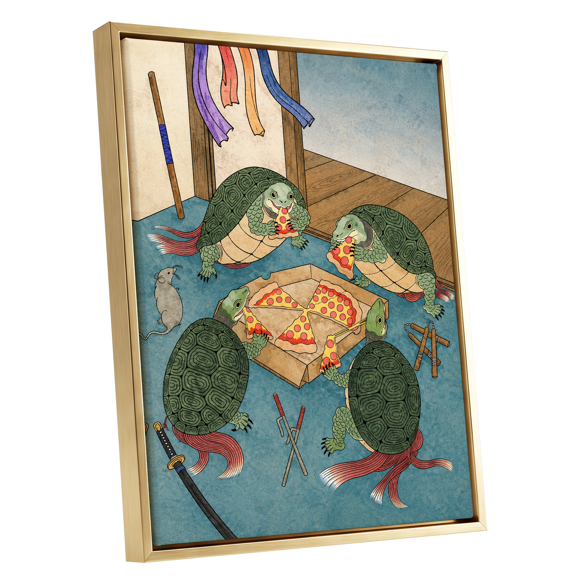 The Shell Supper, green, blue, beige abstract wall art shown as a gold framed canvas wall art