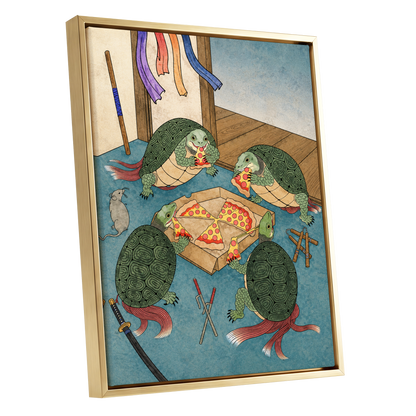 The Shell Supper, green, blue, beige abstract wall art shown as a gold framed canvas wall art