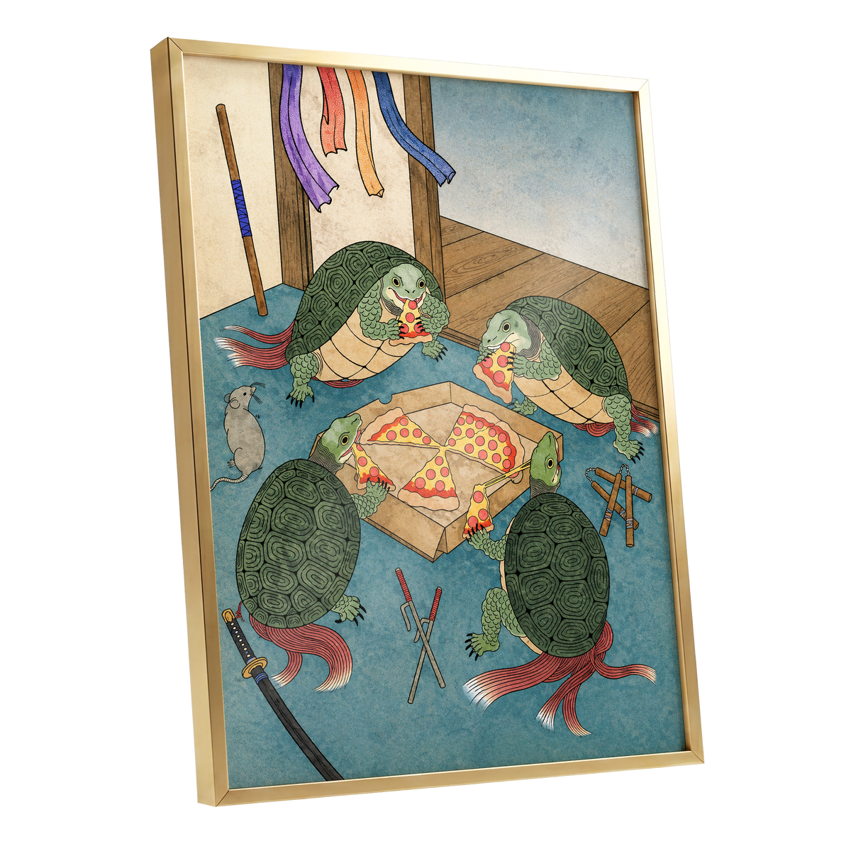 The Shell Supper, green, blue, beige abstract wall art shown as a gold framed poster wall art print