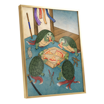 The Shell Supper, green, blue, beige abstract wall art shown as a gold framed poster wall art print