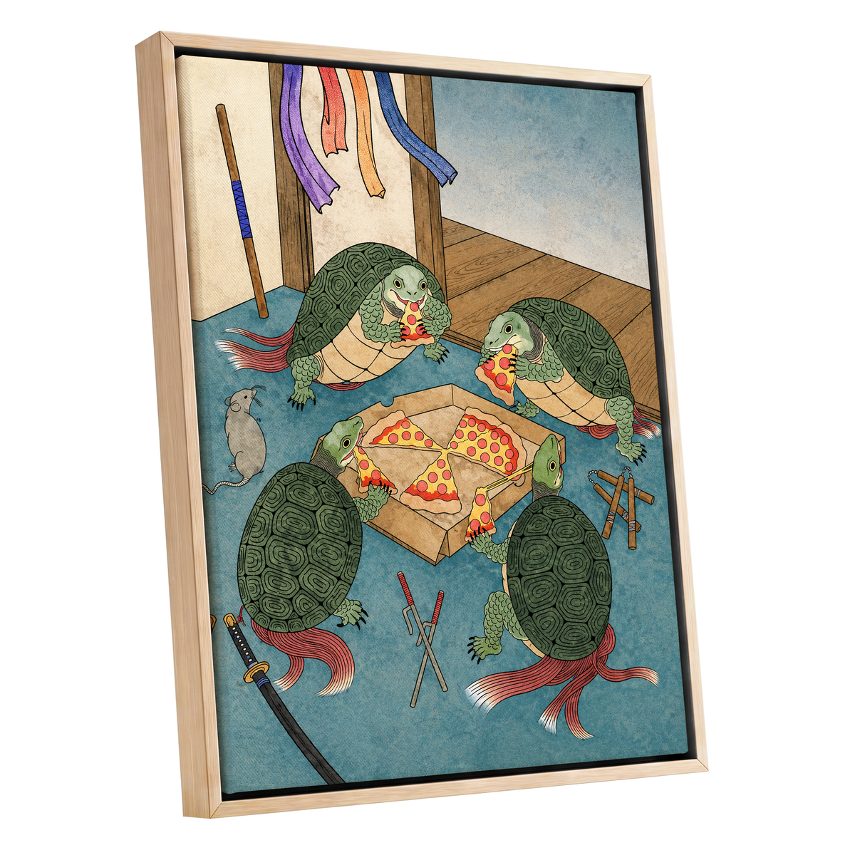 The Shell Supper, green, blue, beige abstract wall art shown as a oak framed canvas wall art
