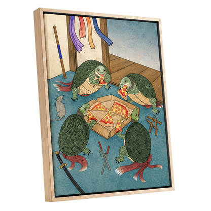 The Shell Supper, green, blue, beige abstract wall art shown as a oak framed canvas wall art