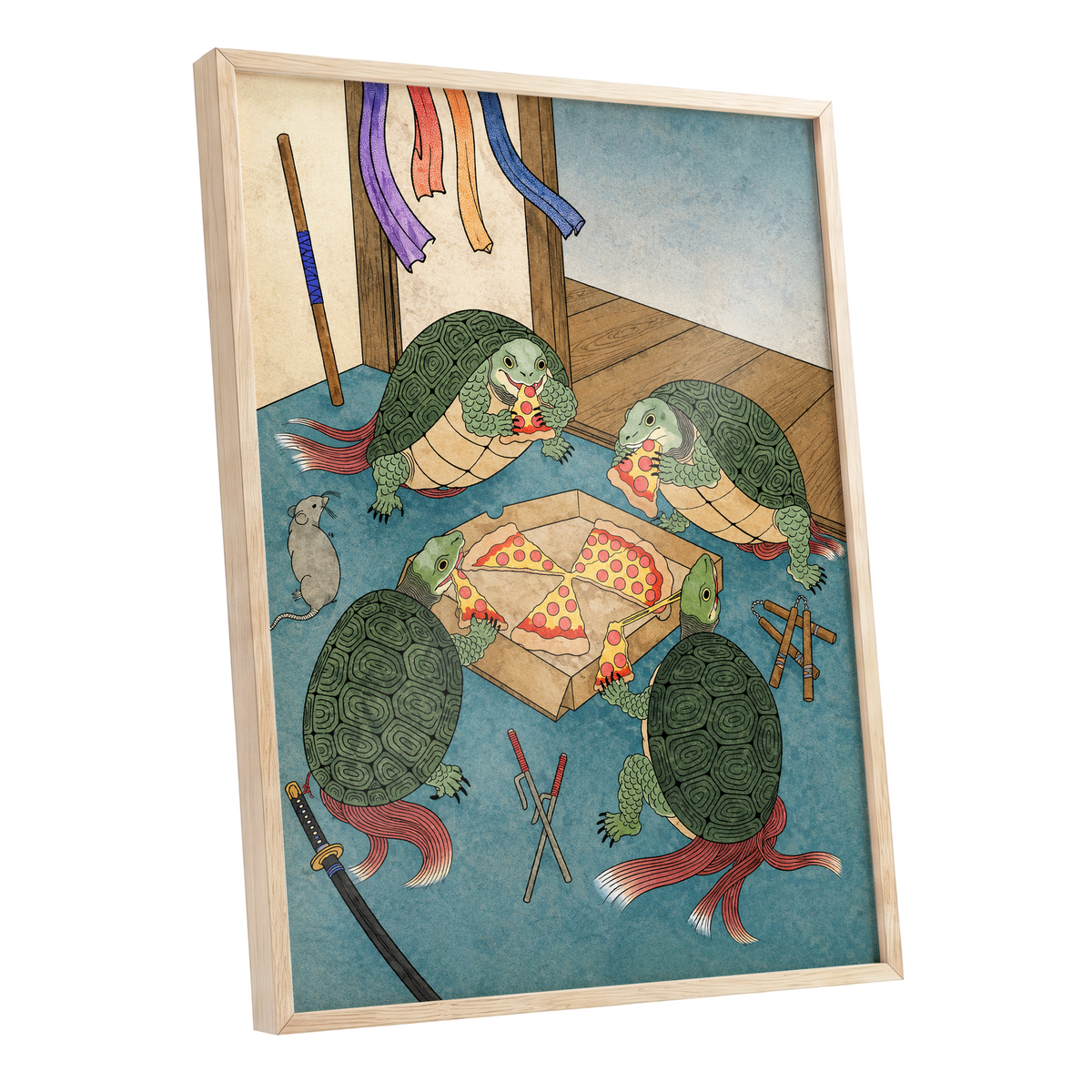 The Shell Supper, green, blue, beige abstract wall art shown as a oak framed poster wall art print