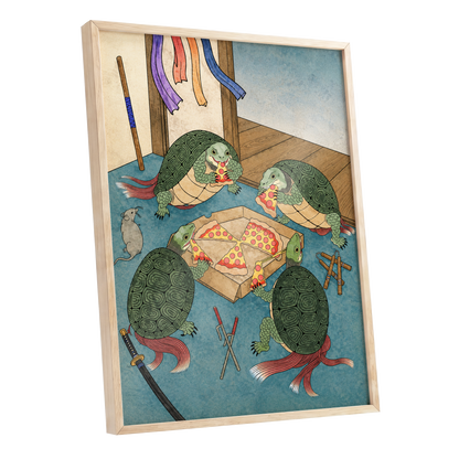 The Shell Supper, green, blue, beige abstract wall art shown as a oak framed poster wall art print