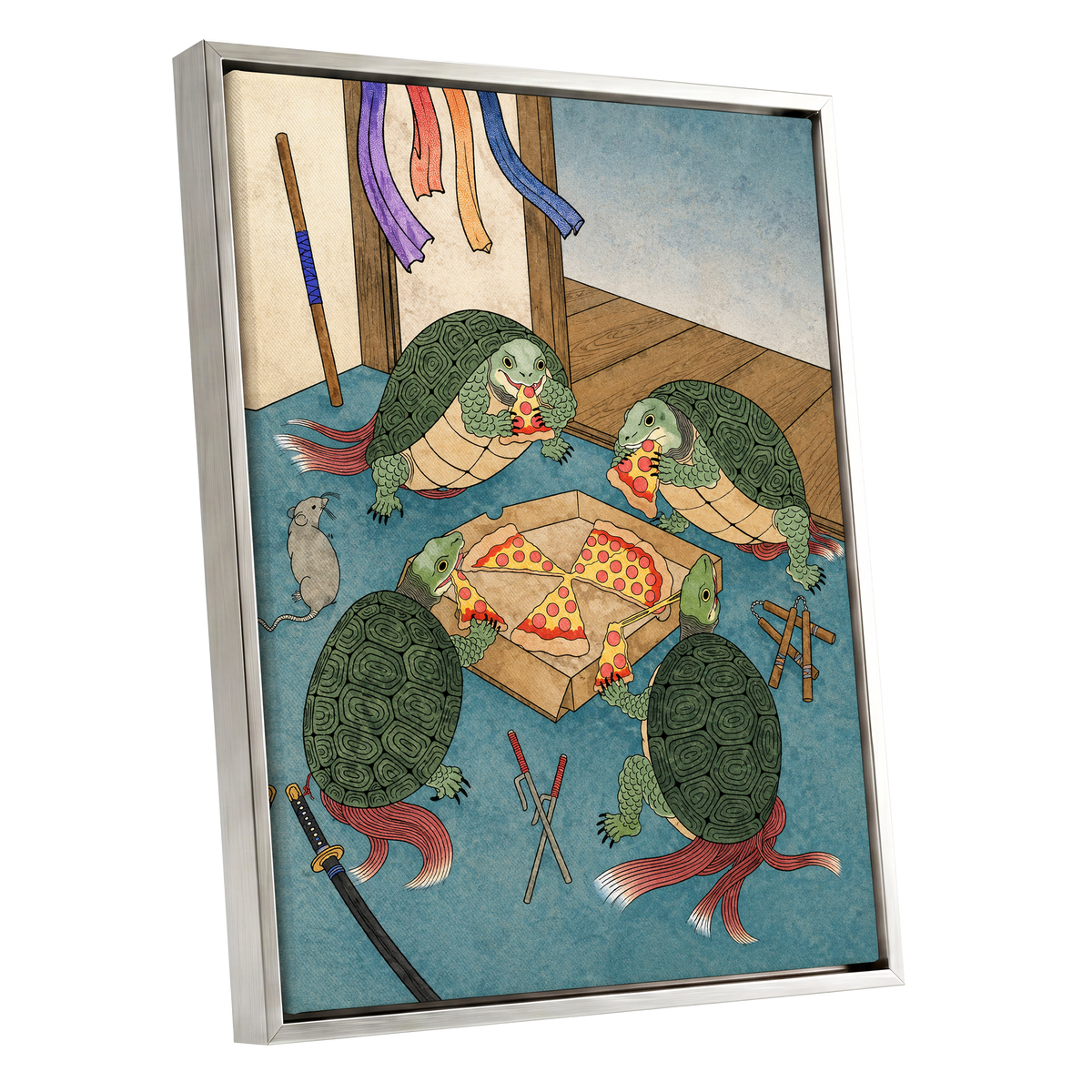 The Shell Supper, green, blue, beige abstract wall art shown as a silver framed canvas wall art