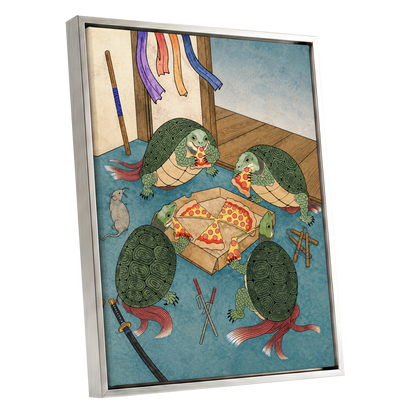The Shell Supper, green, blue, beige abstract wall art shown as a silver framed canvas wall art