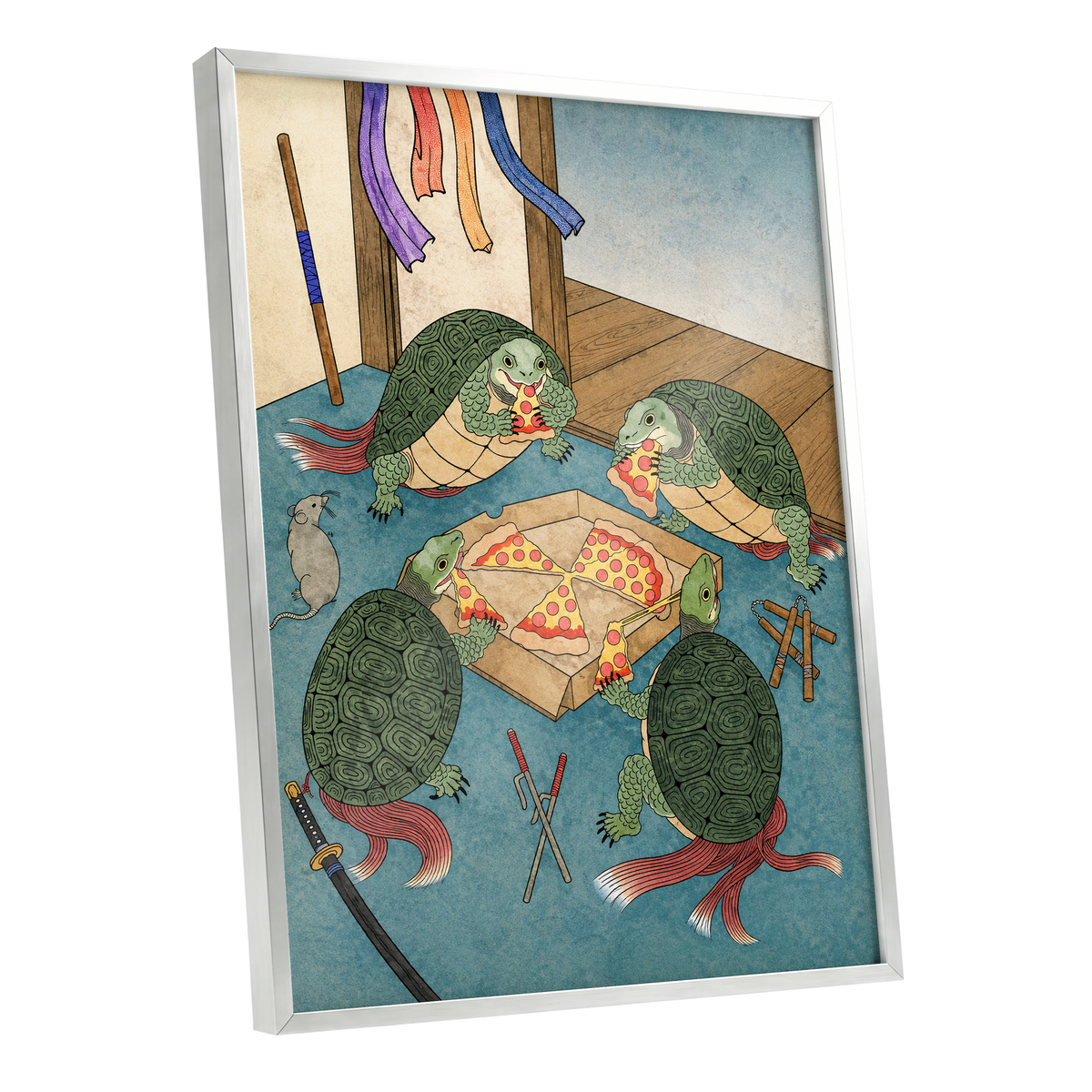 The Shell Supper, green, blue, beige abstract wall art shown as a silver framed poster wall art print
