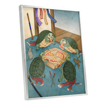 The Shell Supper, green, blue, beige abstract wall art shown as a silver framed poster wall art print