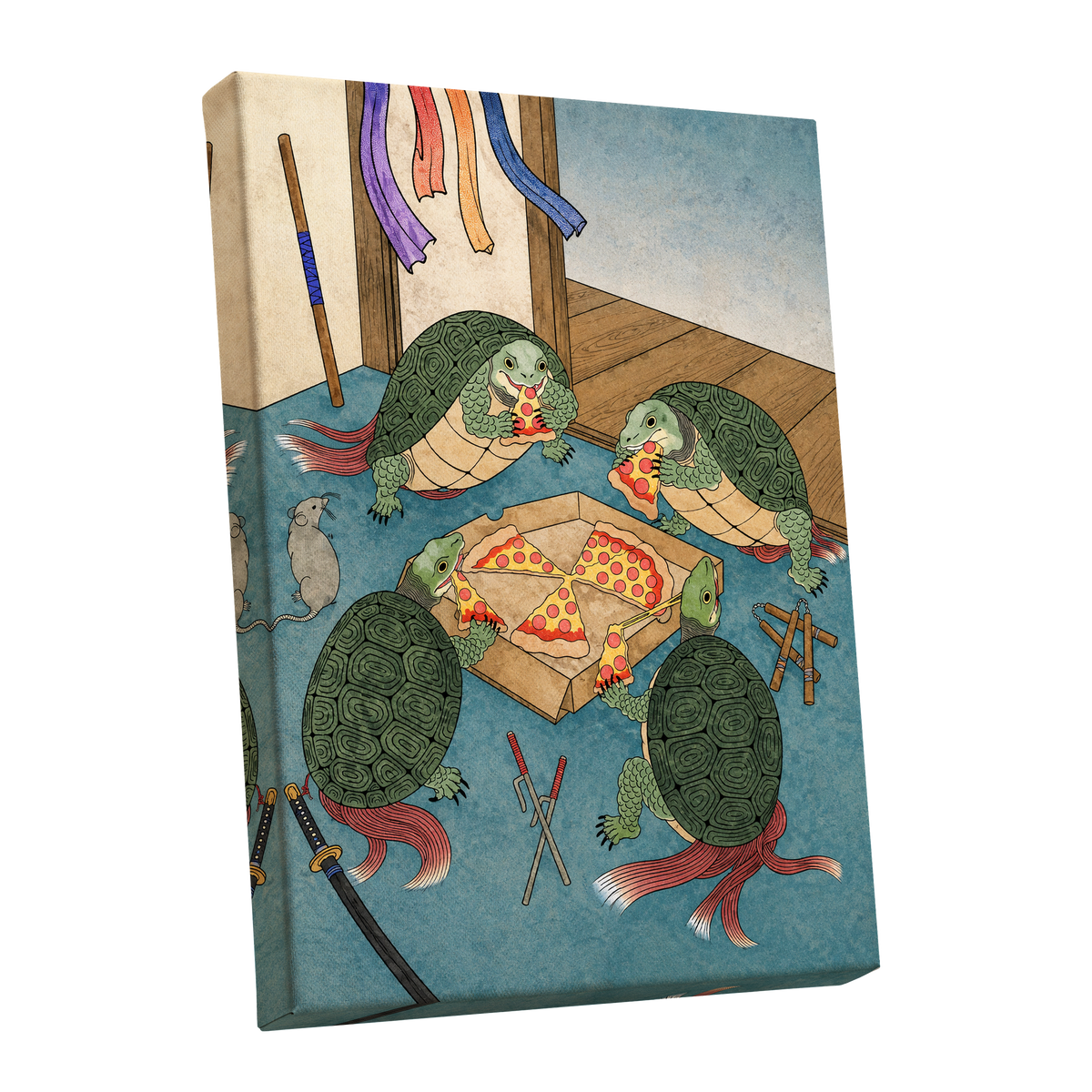 The Shell Supper, green, blue, beige abstract wall art shown as a stretched canvas wall art