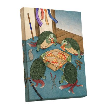 The Shell Supper, green, blue, beige abstract wall art shown as a stretched canvas wall art