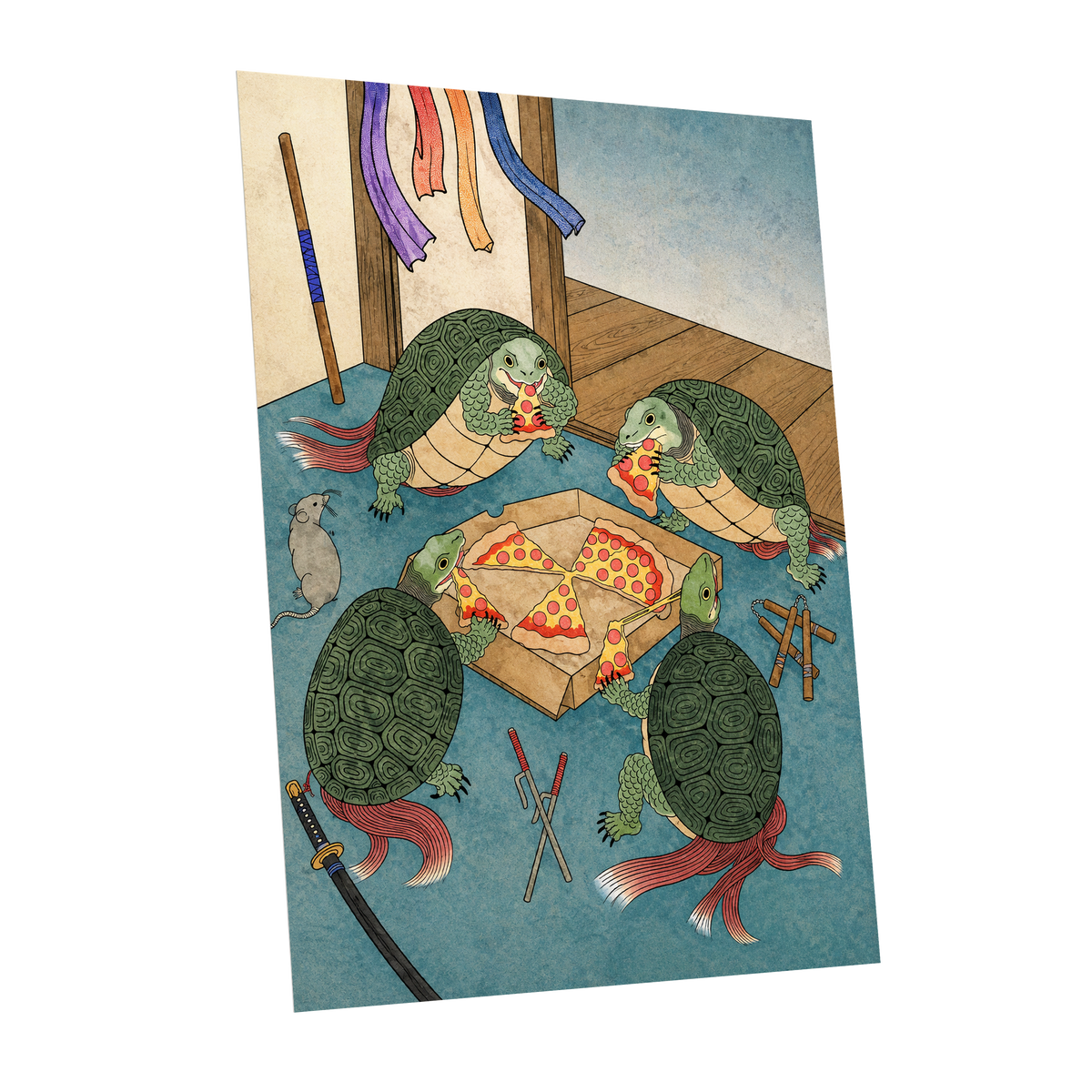 The Shell Supper, green, blue, beige abstract wall art shown as a unframed poster wall art print