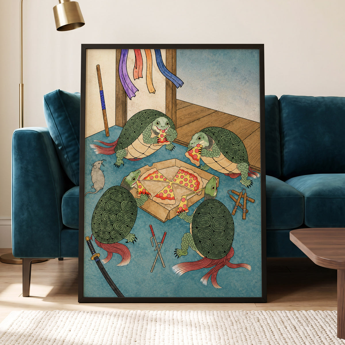 The Shell Supper, green, blue, beige abstract wall art displayed in a styled interior, gallery view 2