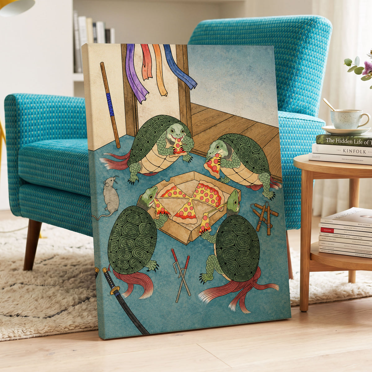 The Shell Supper, green, blue, beige abstract wall art displayed in a styled interior, gallery view 3