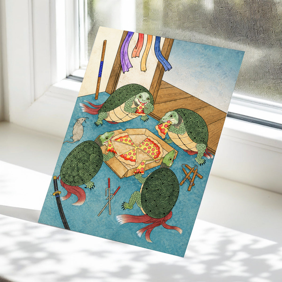 The Shell Supper, green, blue, beige abstract wall art displayed in a styled interior, gallery view 5