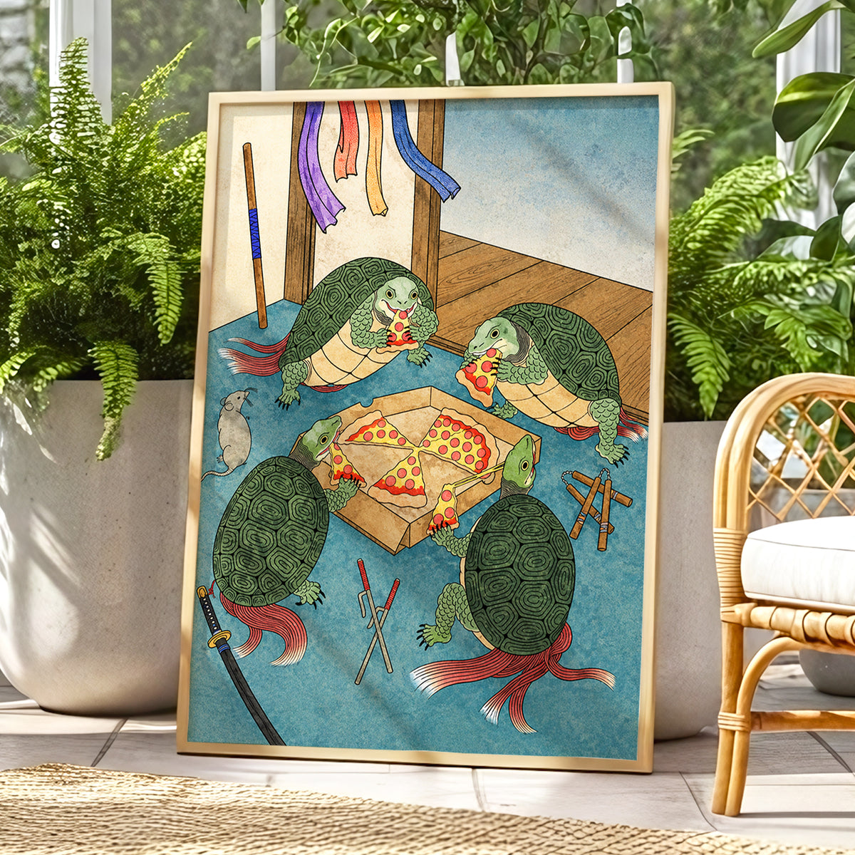 The Shell Supper, green, blue, beige abstract wall art displayed in a styled interior, gallery view 6