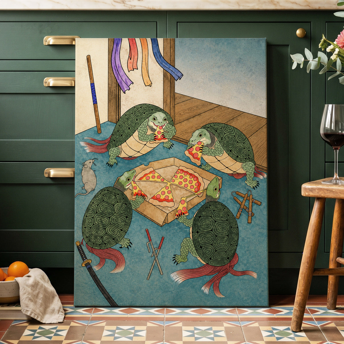 The Shell Supper, green, blue, beige abstract wall art displayed in a styled interior, gallery view 7
