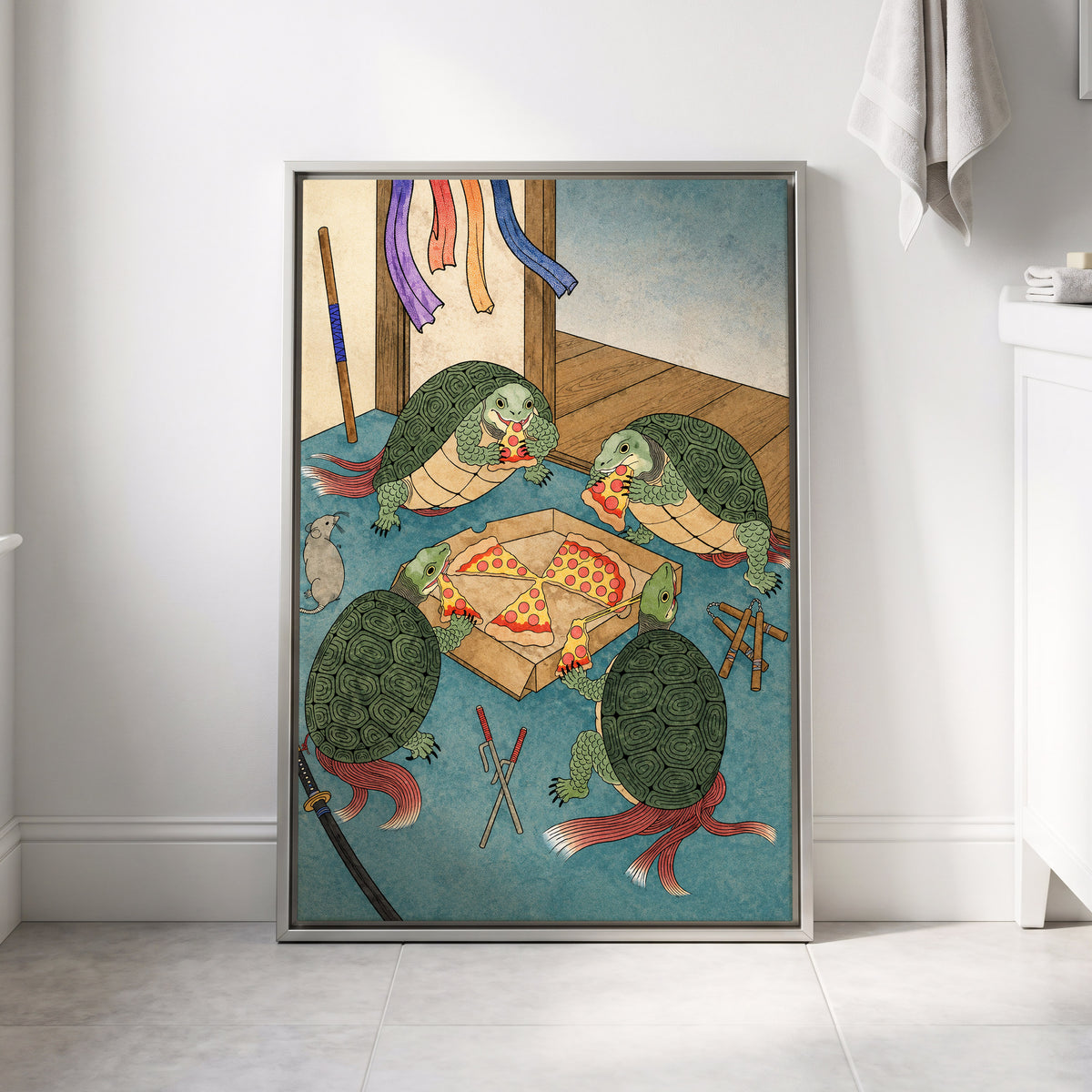The Shell Supper, green, blue, beige abstract wall art displayed in a styled interior, gallery view 8