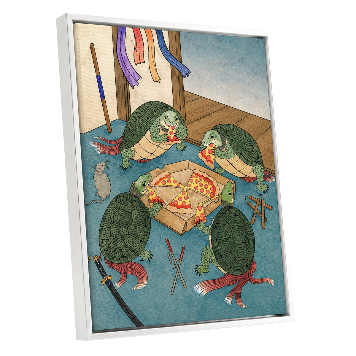 The Shell Supper, green, blue, beige abstract wall art shown as a white framed canvas wall art