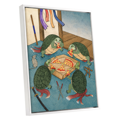 The Shell Supper, green, blue, beige abstract wall art shown as a white framed canvas wall art