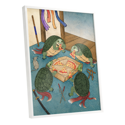 The Shell Supper, green, blue, beige abstract wall art shown as a white framed poster wall art print