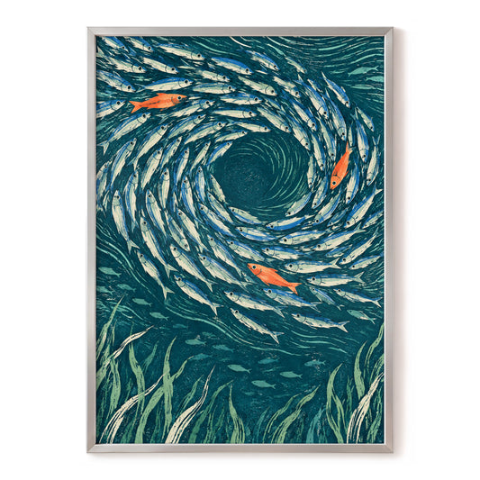 The Silver Shoal, blue, green, beige nature wall art, front artwork view