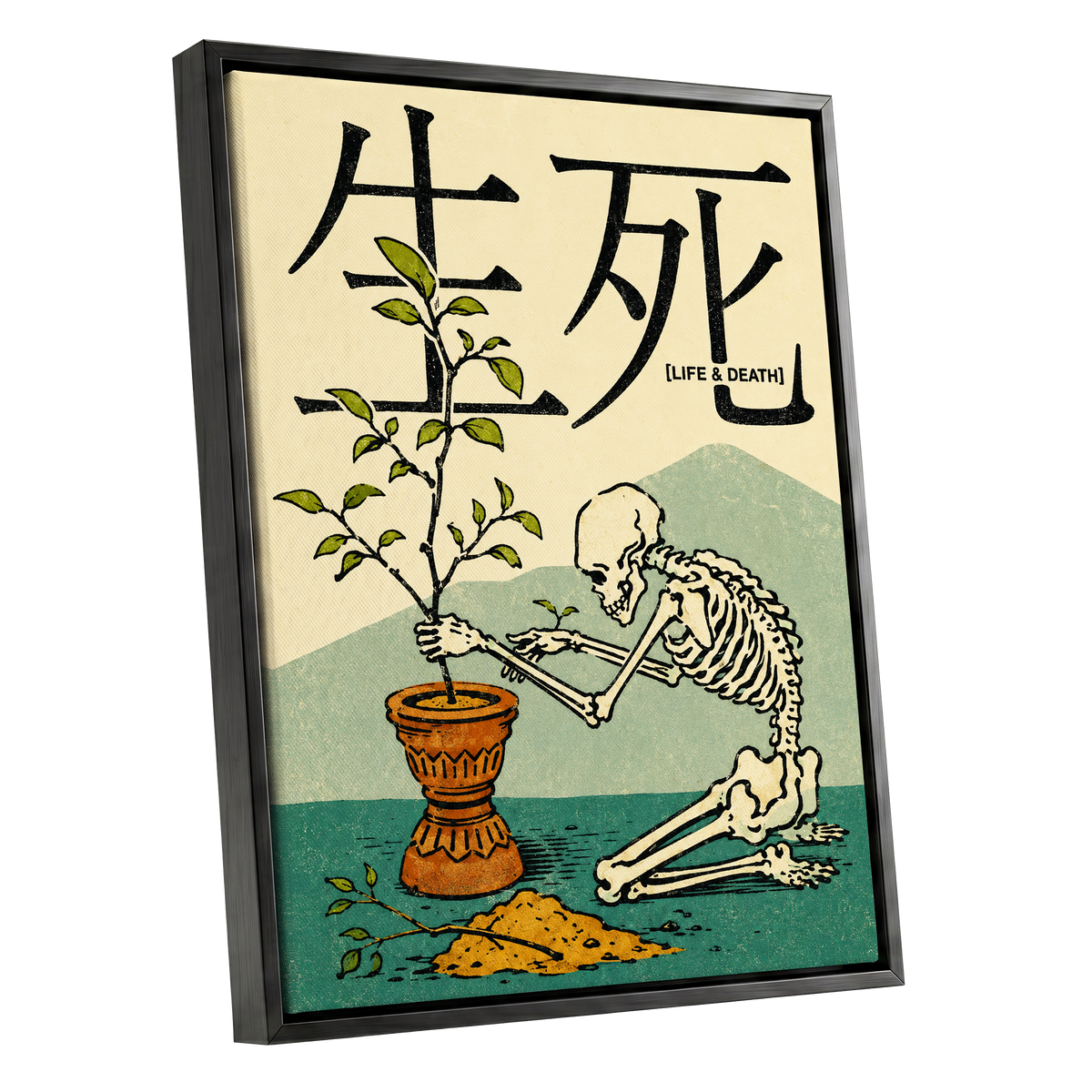 The Skeleton Gardener, beige, black, green nature wall art shown as a black framed canvas wall art