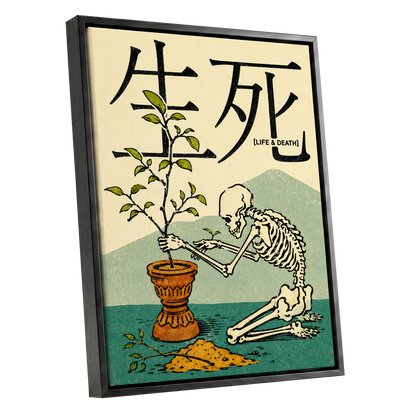 The Skeleton Gardener, beige, black, green nature wall art shown as a black framed canvas wall art