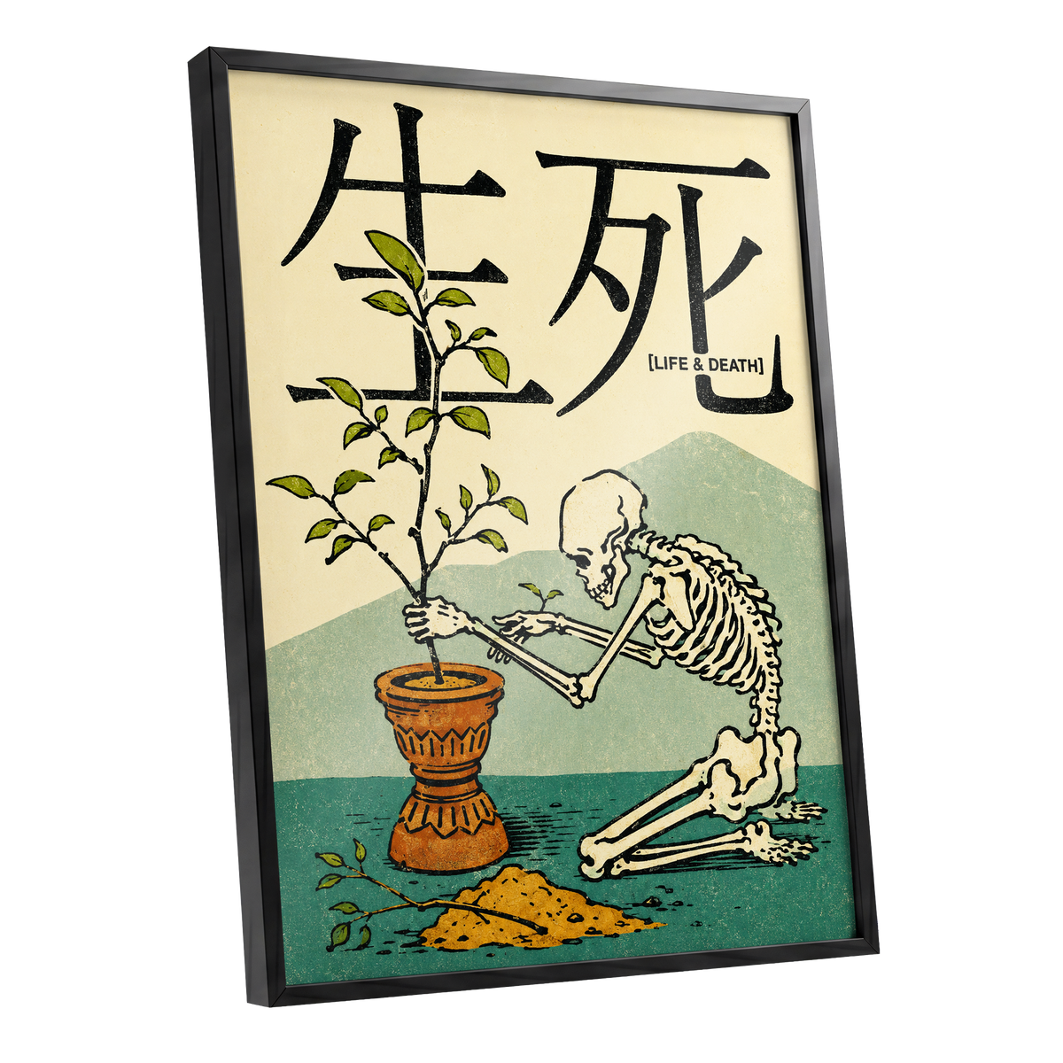 The Skeleton Gardener, beige, black, green nature wall art shown as a black framed poster wall art print