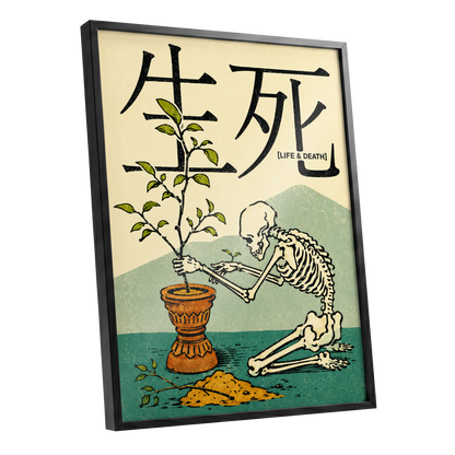 The Skeleton Gardener, beige, black, green nature wall art shown as a black framed poster wall art print