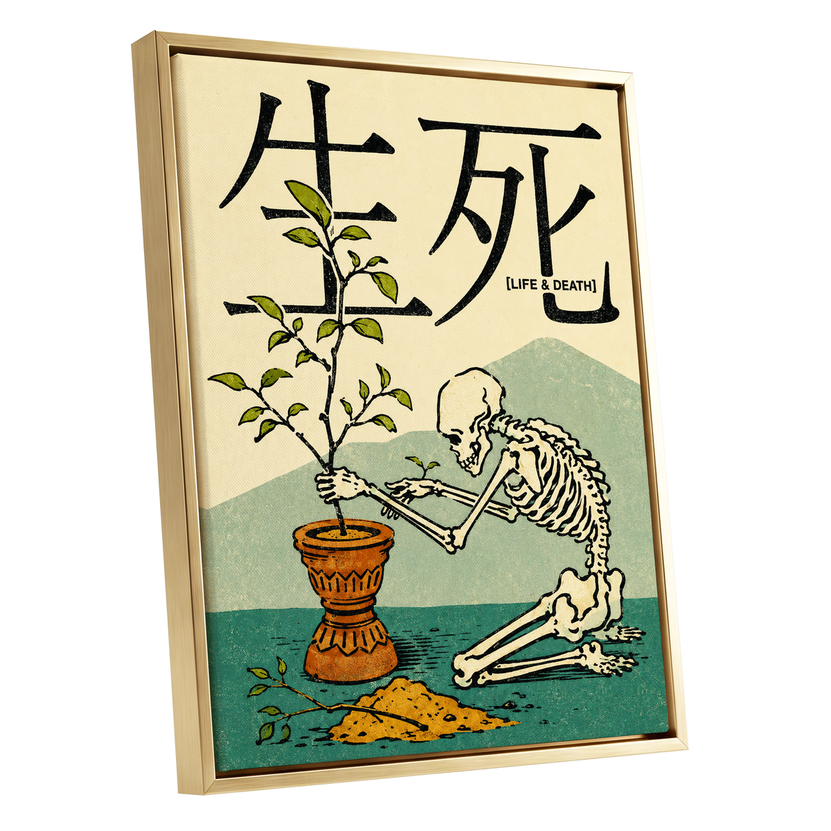 The Skeleton Gardener, beige, black, green nature wall art shown as a gold framed canvas wall art