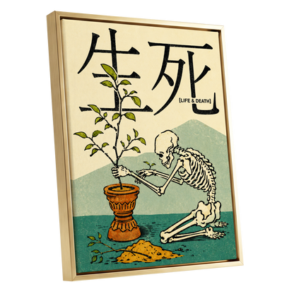The Skeleton Gardener, beige, black, green nature wall art shown as a gold framed canvas wall art