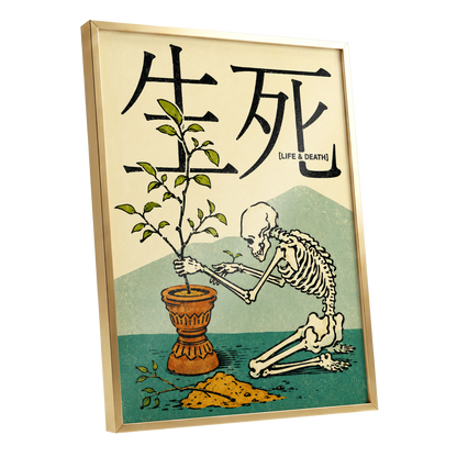 The Skeleton Gardener, beige, black, green nature wall art shown as a gold framed poster wall art print