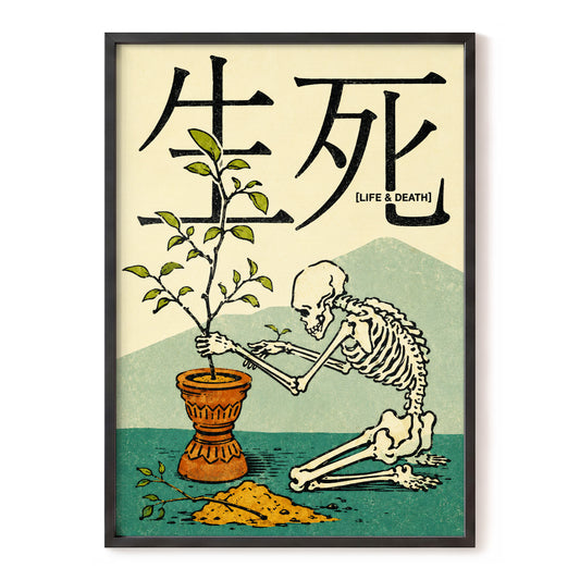 The Skeleton Gardener, beige, black, green nature wall art, front artwork view