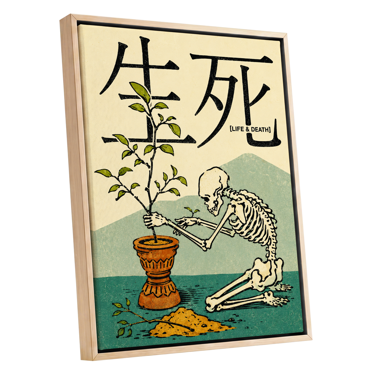 The Skeleton Gardener, beige, black, green nature wall art shown as a oak framed canvas wall art