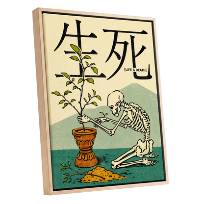 The Skeleton Gardener, beige, black, green nature wall art shown as a oak framed canvas wall art