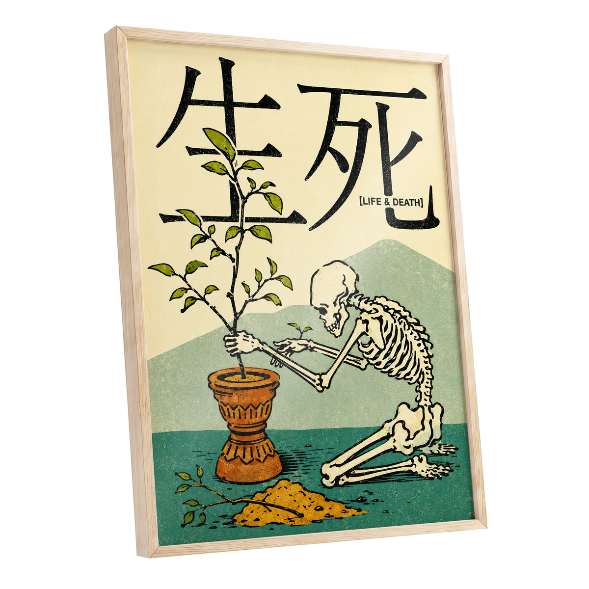 The Skeleton Gardener, beige, black, green nature wall art shown as a oak framed poster wall art print
