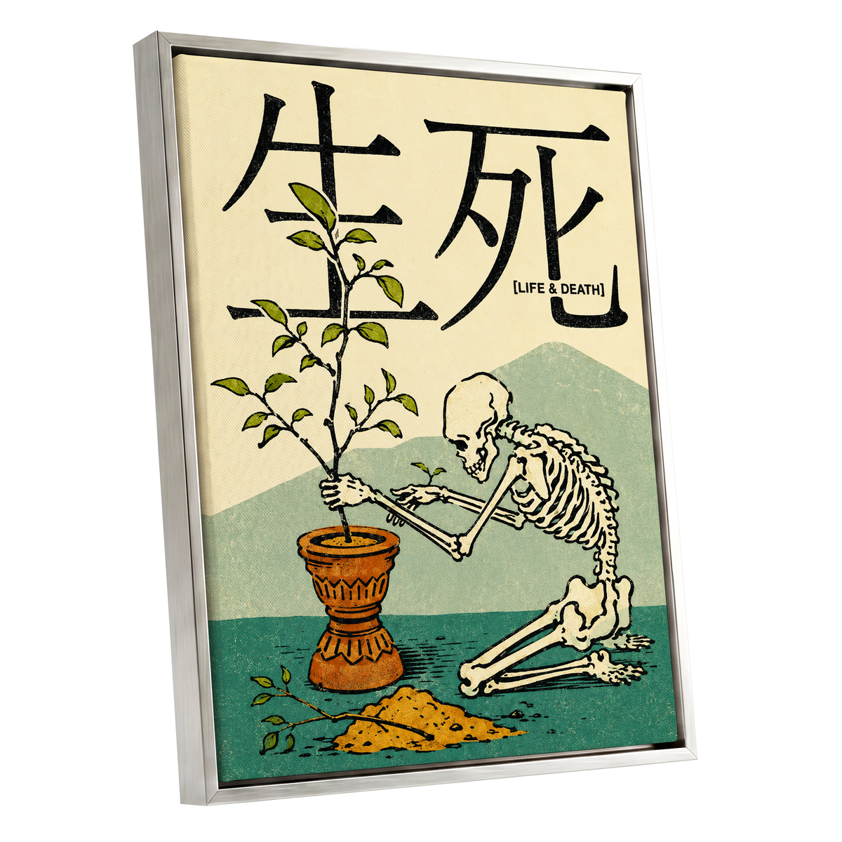 The Skeleton Gardener, beige, black, green nature wall art shown as a silver framed canvas wall art