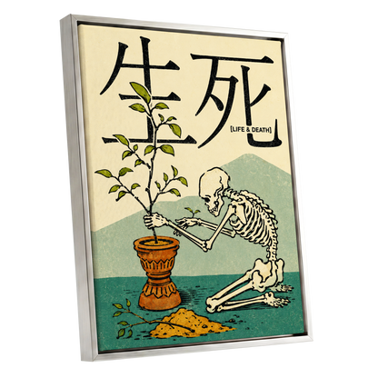 The Skeleton Gardener, beige, black, green nature wall art shown as a silver framed canvas wall art