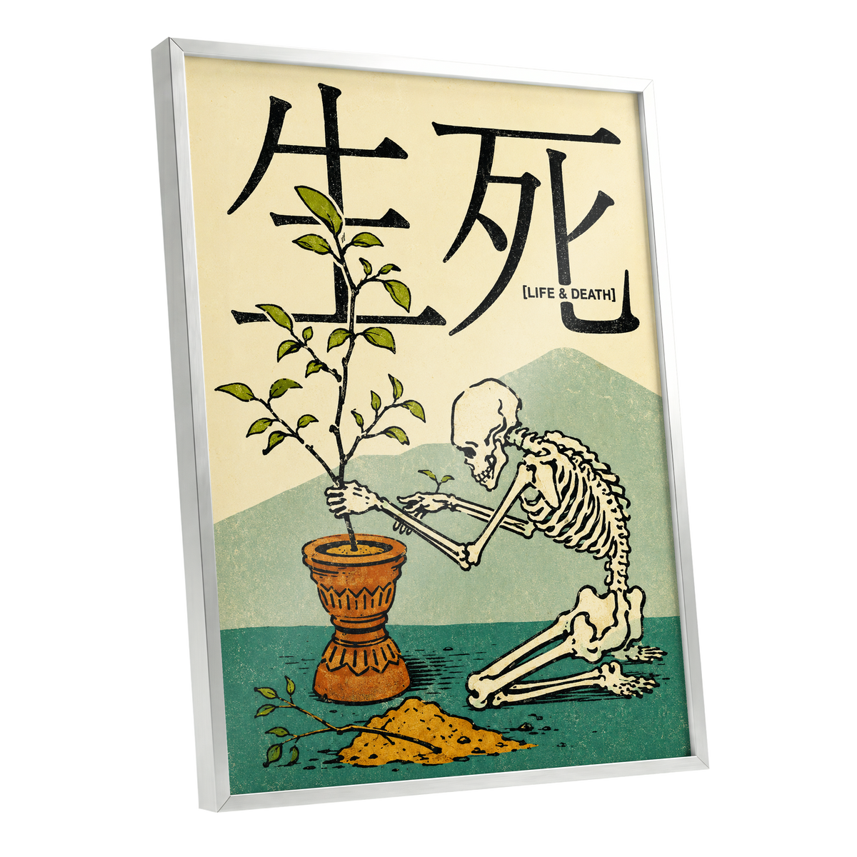 The Skeleton Gardener, beige, black, green nature wall art shown as a silver framed poster wall art print