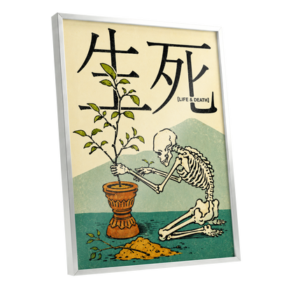 The Skeleton Gardener, beige, black, green nature wall art shown as a silver framed poster wall art print