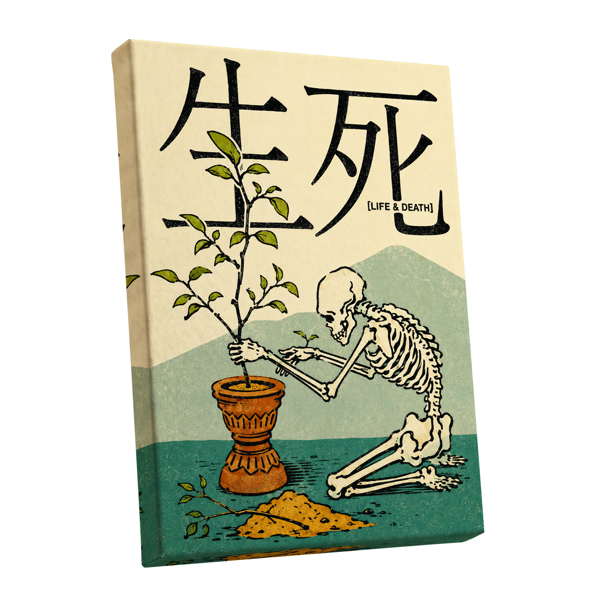 The Skeleton Gardener, beige, black, green nature wall art shown as a stretched canvas wall art