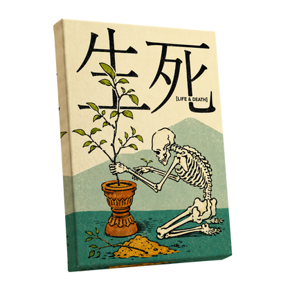 The Skeleton Gardener, beige, black, green nature wall art shown as a stretched canvas wall art