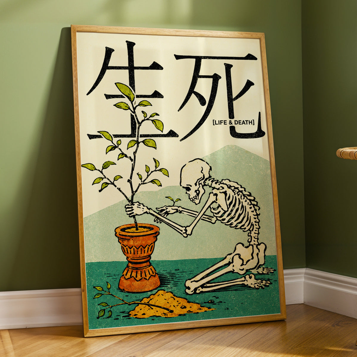 The Skeleton Gardener, beige, black, green nature wall art displayed in a styled interior, gallery view 2