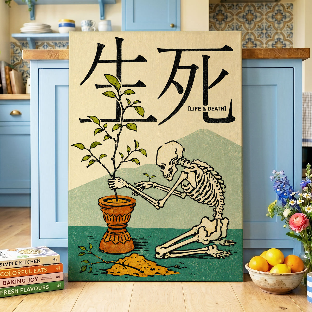 The Skeleton Gardener, beige, black, green nature wall art displayed in a styled interior, gallery view 3
