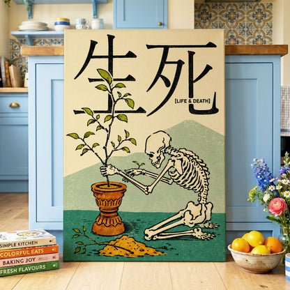 The Skeleton Gardener, beige, black, green nature wall art displayed in a styled interior, gallery view 3