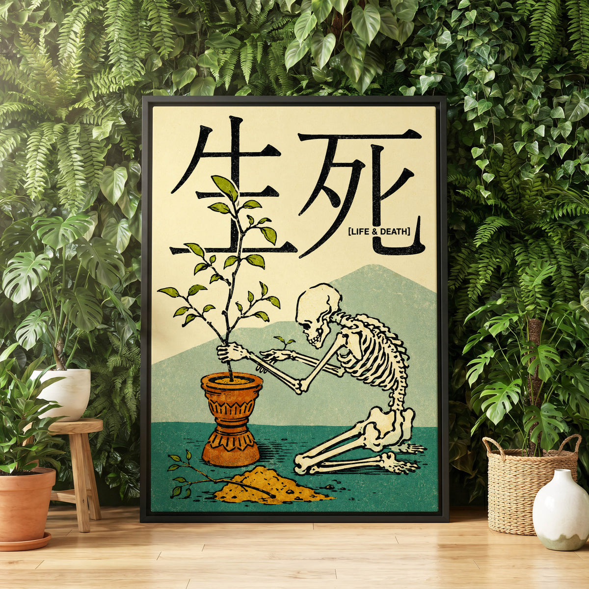 The Skeleton Gardener, beige, black, green nature wall art displayed in a styled interior, gallery view 4