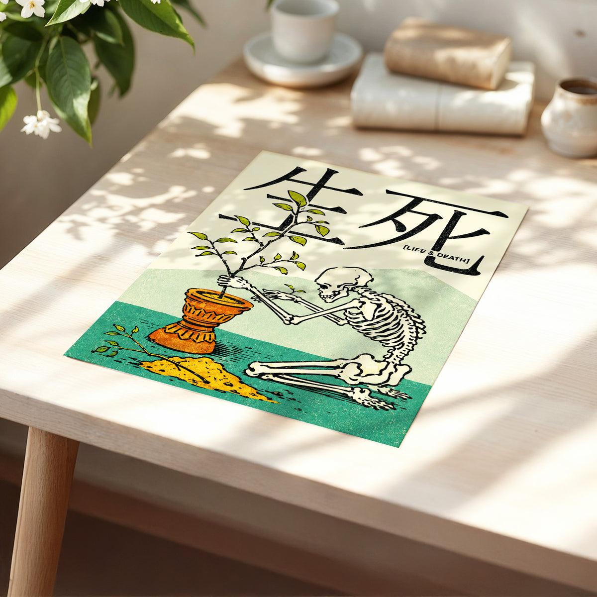The Skeleton Gardener, beige, black, green nature wall art displayed in a styled interior, gallery view 5