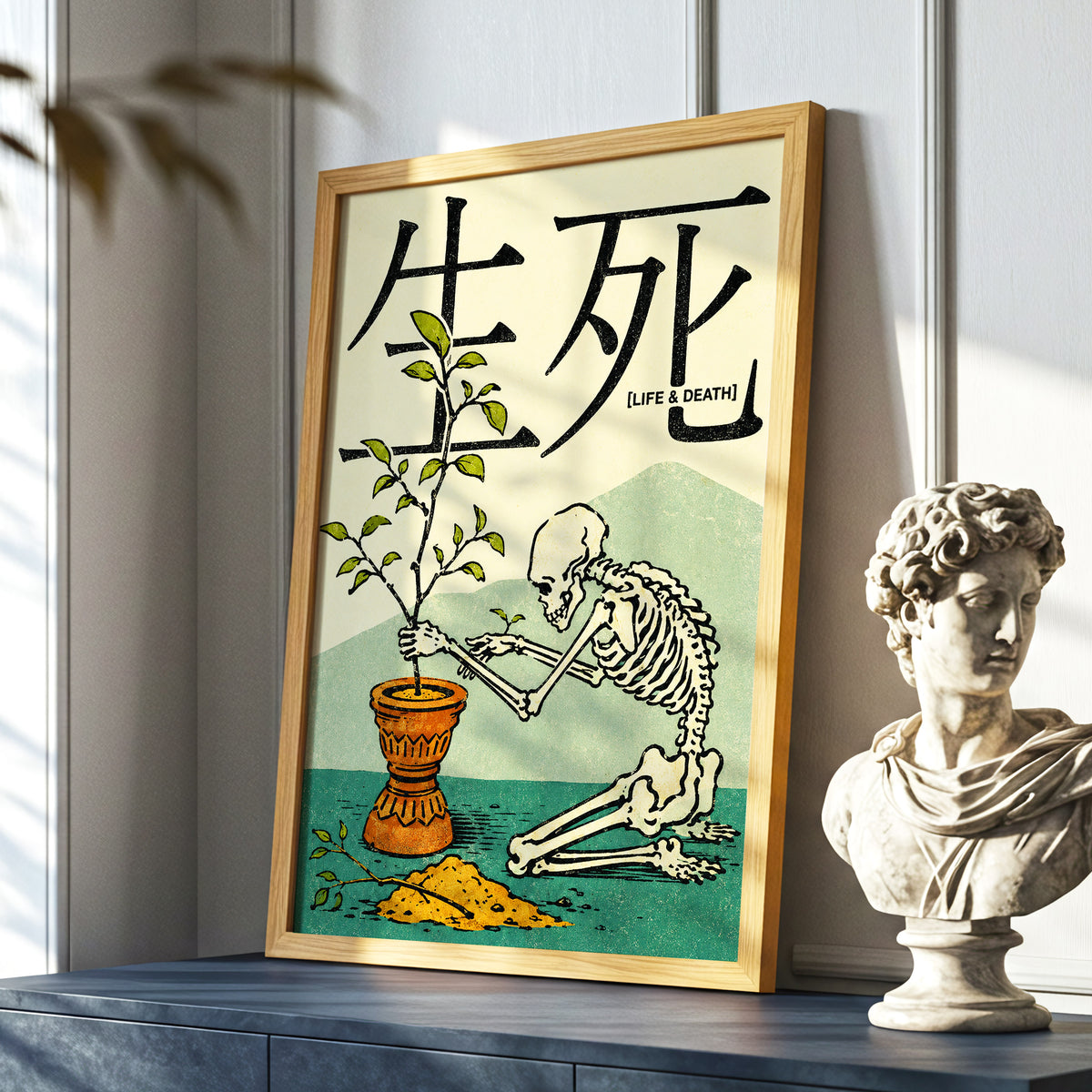 The Skeleton Gardener, beige, black, green nature wall art displayed in a styled interior, gallery view 6