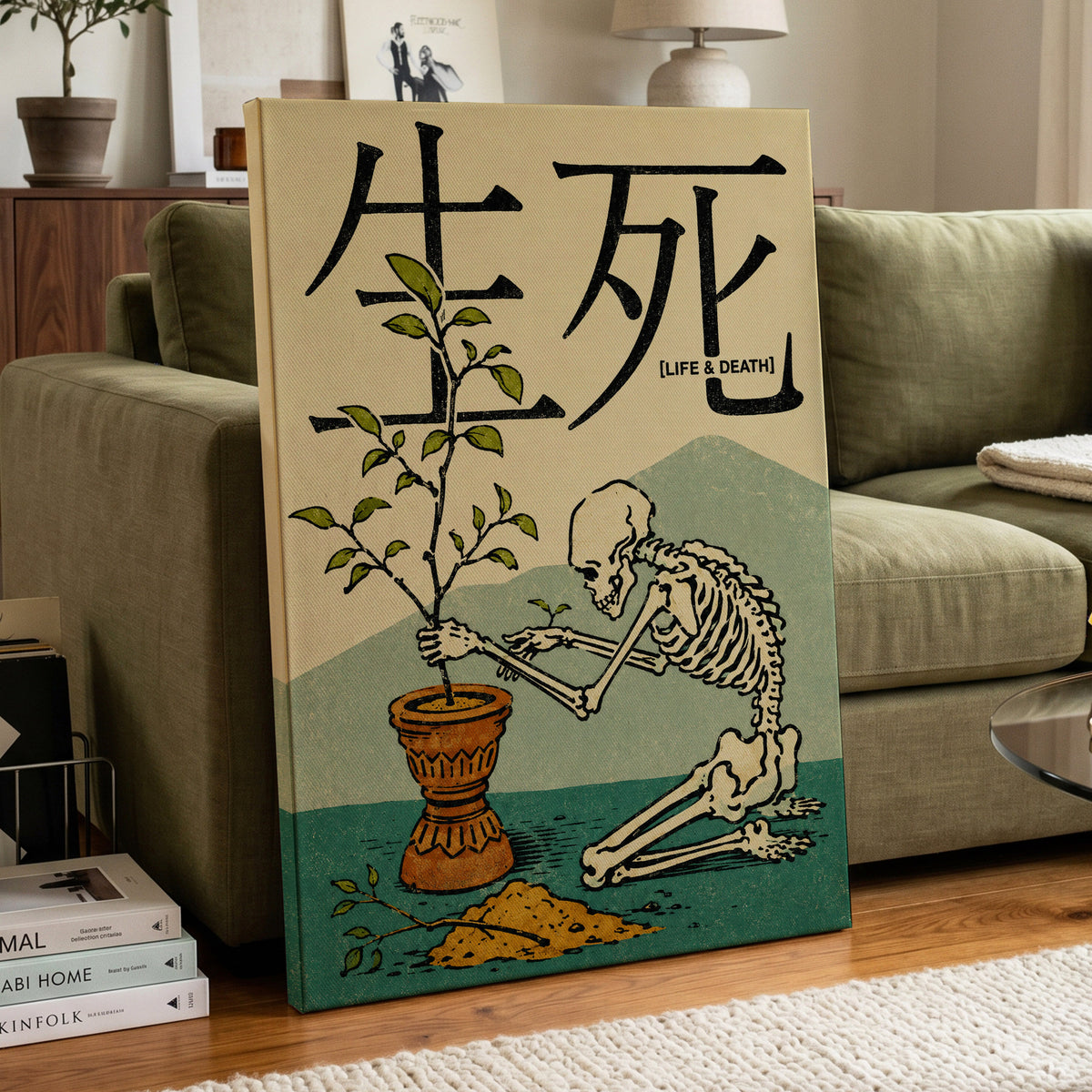 The Skeleton Gardener, beige, black, green nature wall art displayed in a styled interior, gallery view 7