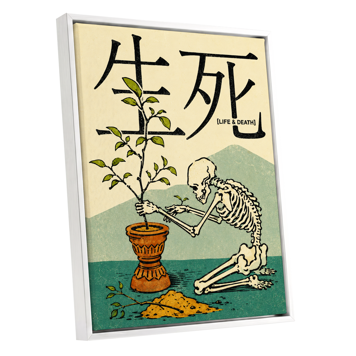 The Skeleton Gardener, beige, black, green nature wall art shown as a white framed canvas wall art